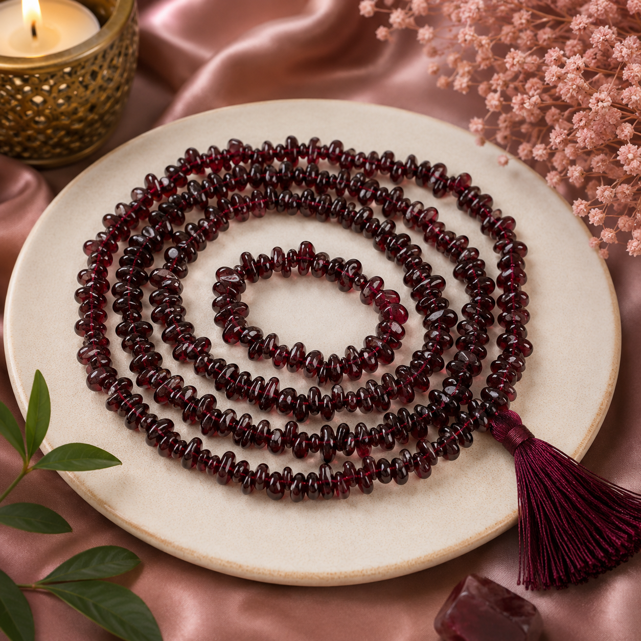 Natural Garnet Chip Stone Jaap Mala – 108 Beads | Handcrafted Meditation, Yoga & Prayer Necklace