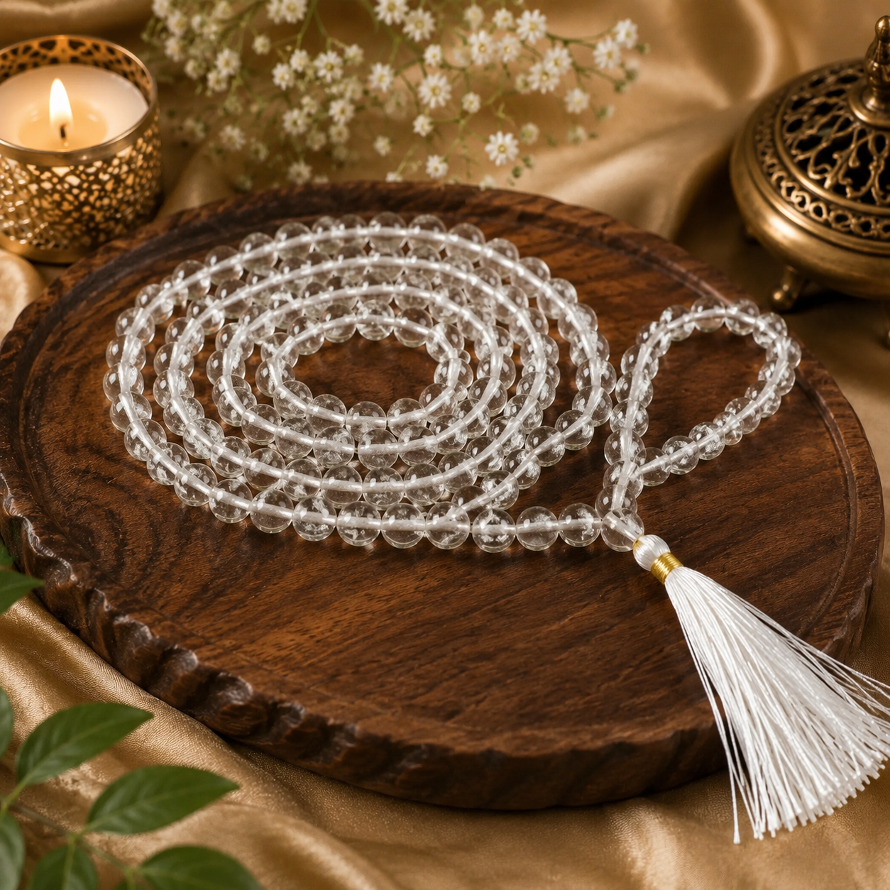 Natural Clear Quartz 108 Beads Mala – Handmade Crystal Prayer & Meditation Necklace with Tassel