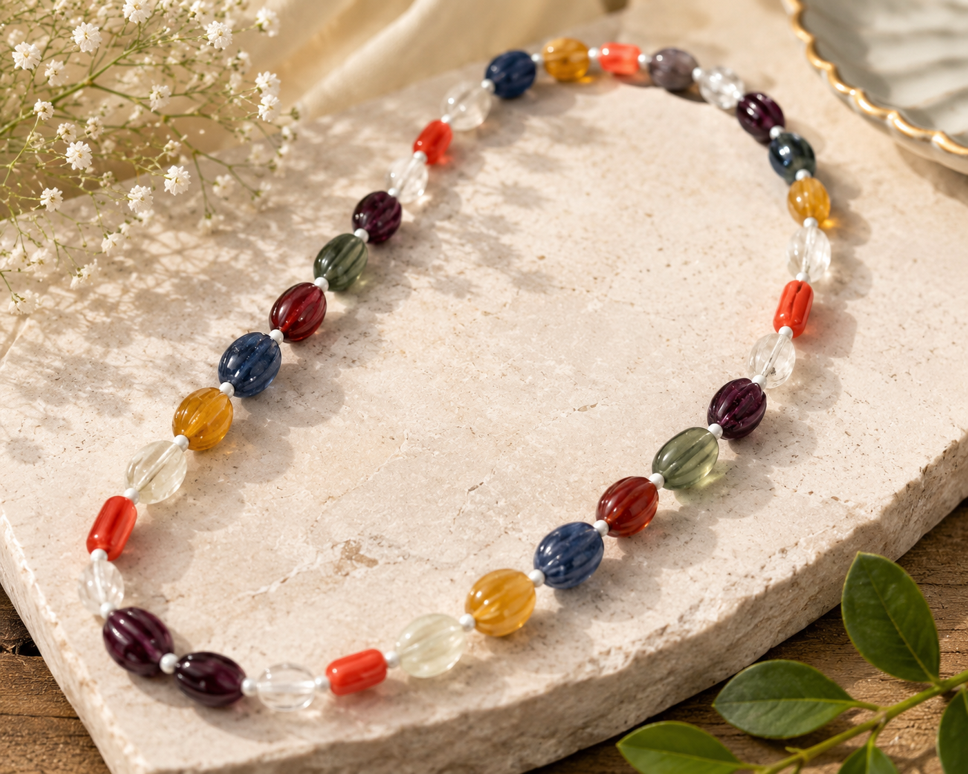 Natural Navratna Gemstone Necklace | 9 Planet Crystal Bead Necklace | Handmade Vedic Astrology Jewelry | Navagraha Healing Necklace