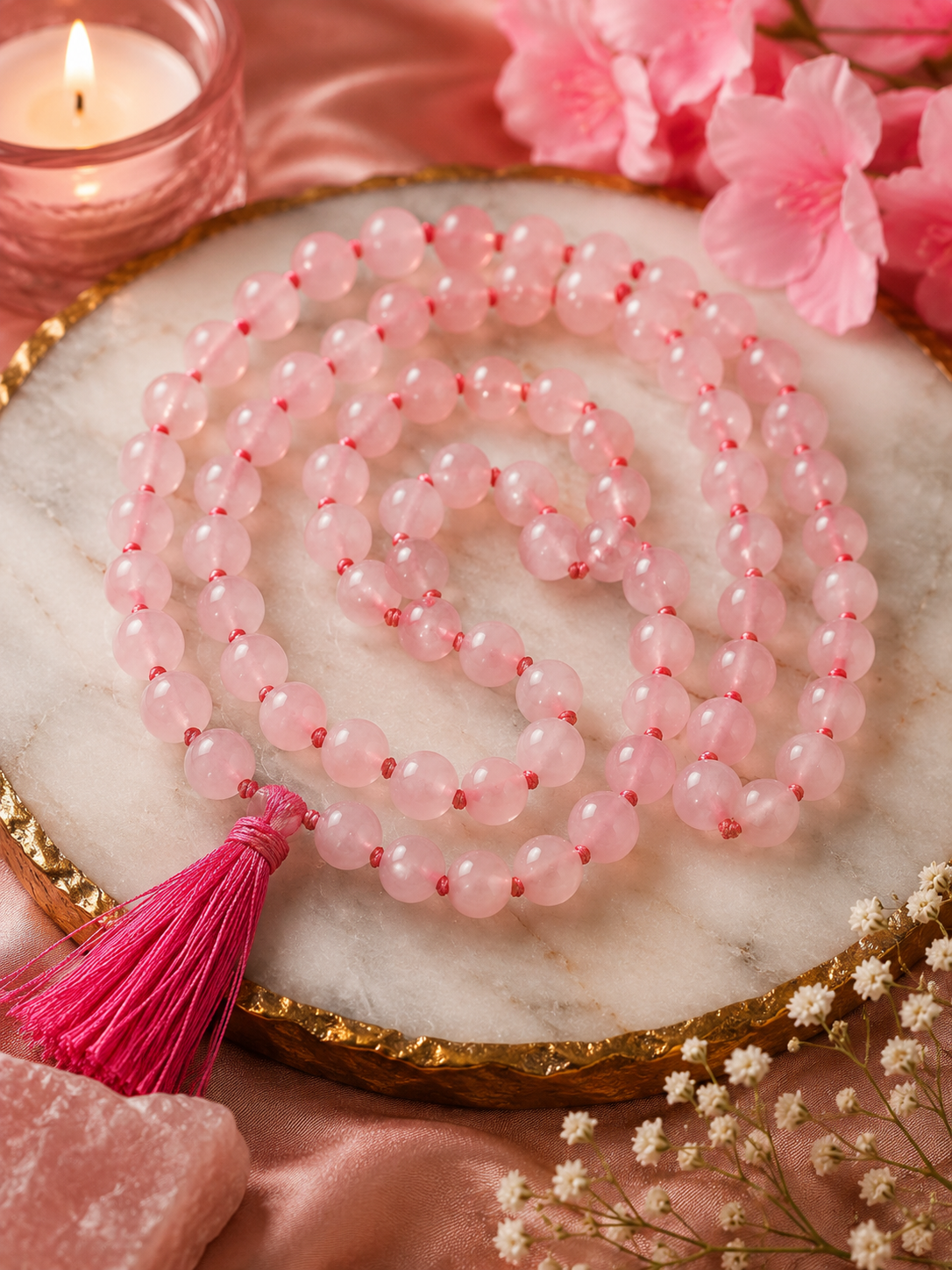 Natural Rose Quartz Mala (108 Beads) – Love, Emotional Healing & Heart Chakra Crystal