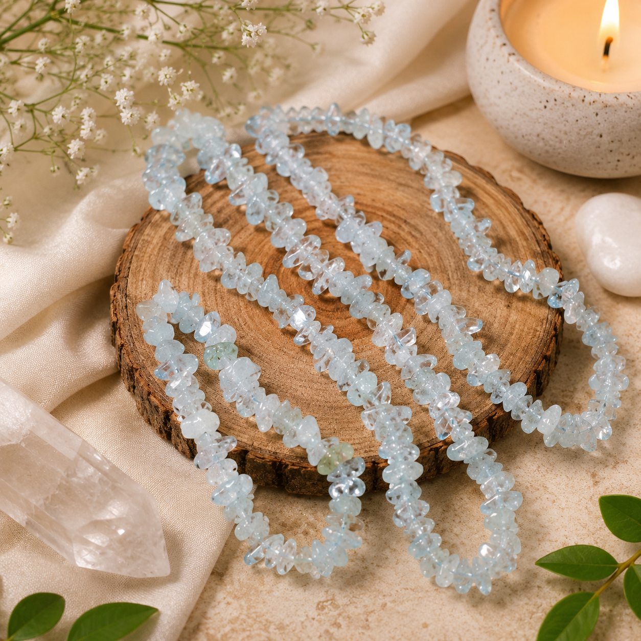 Natural Aquamarine Uncut Mala – Handmade Crystal Chip Necklace – Genuine Gemstone Jewelry – Healing Stone Mala