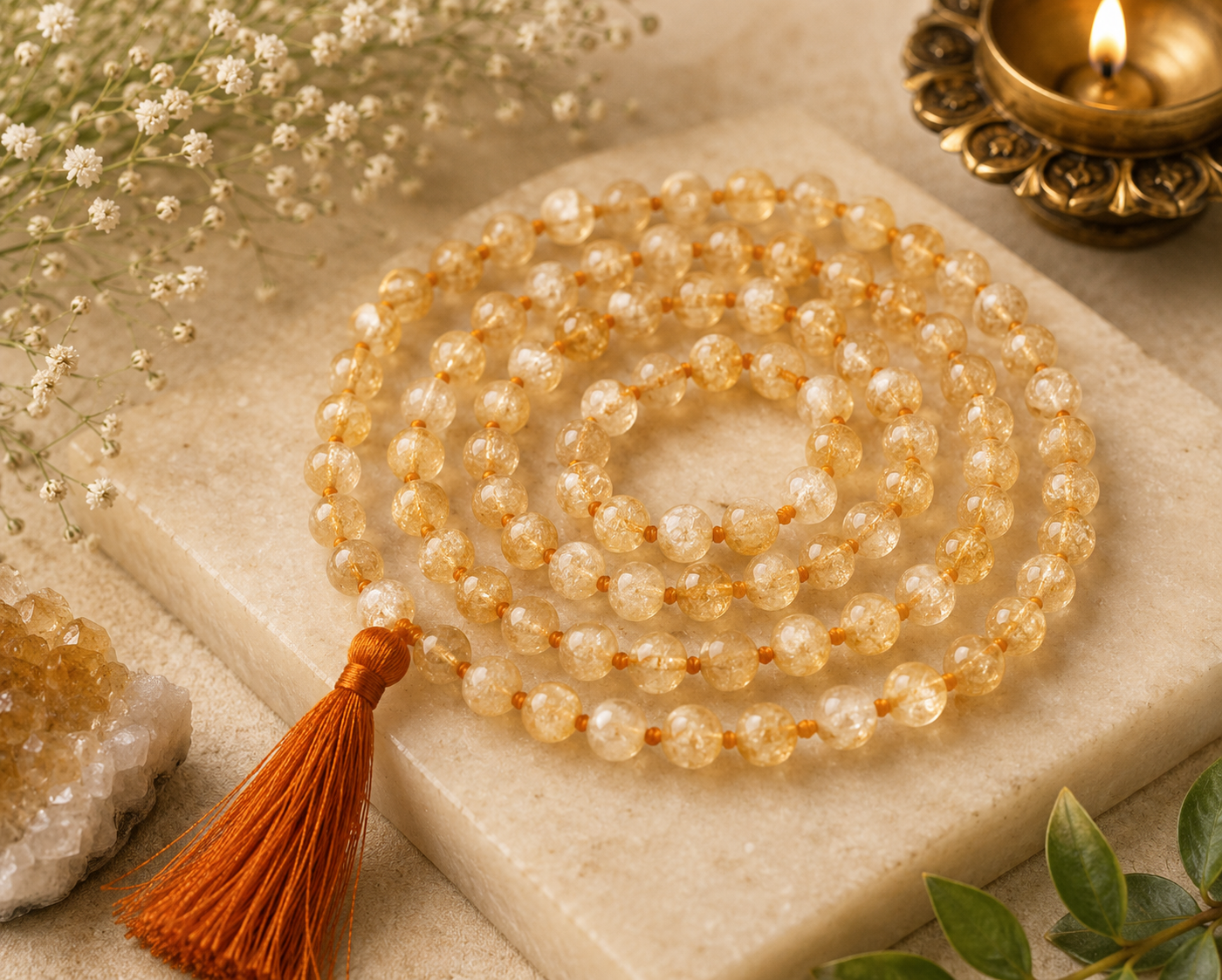 Natural Citrine Crystal Mala (108 Beads) – Wealth, Abundance, Success & Positive Energy