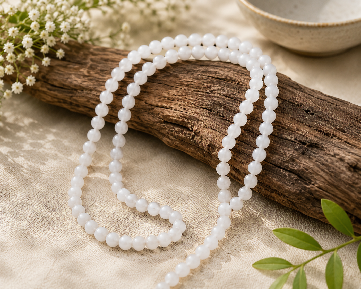 Natural White Moonstone Mala Necklace | 8mm Round Moonstone Beads | Handmade Crystal Meditation Mala | Spiritual & Healing Jewelry