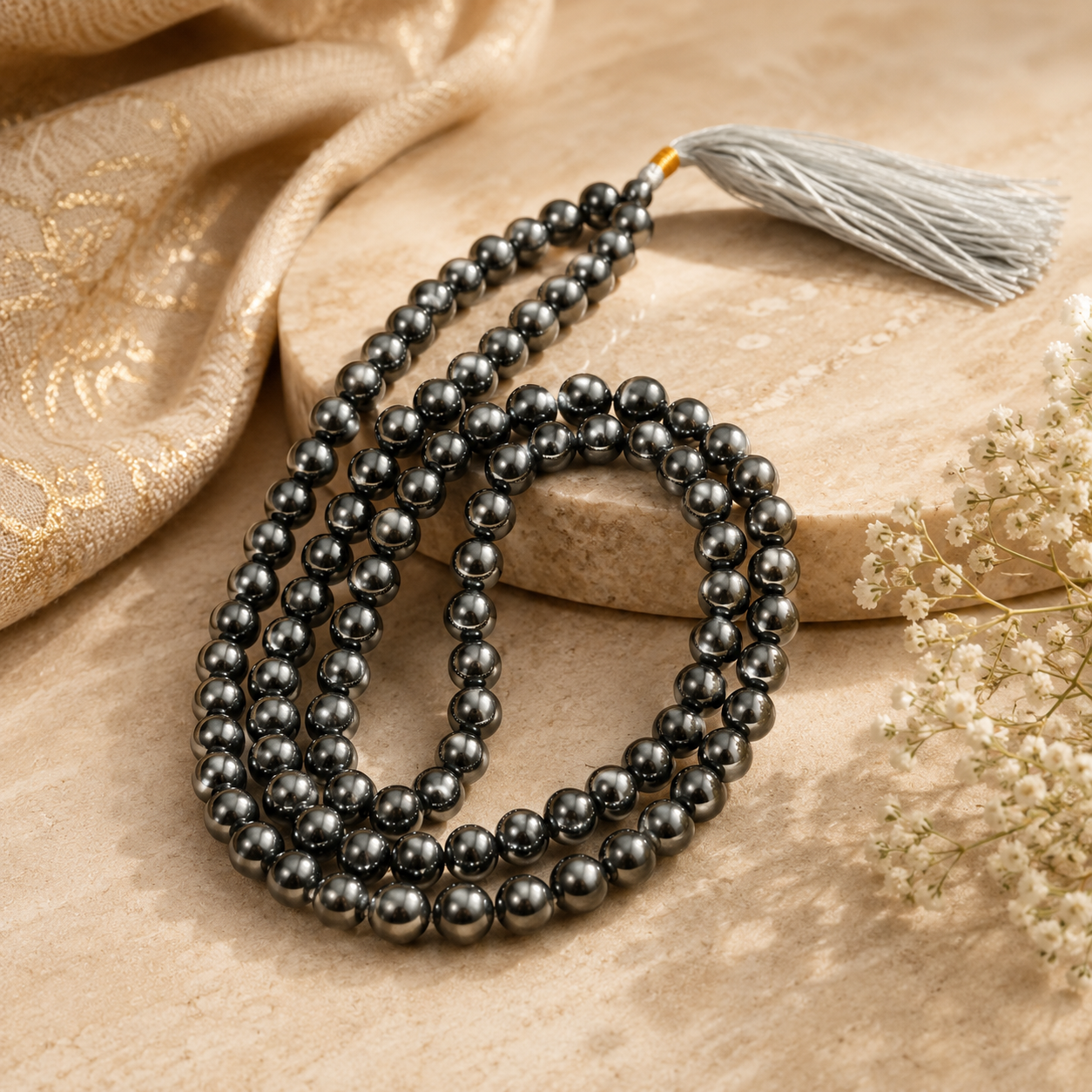 Hematite Crystal Jaap Mala – Natural Grounding Stone Prayer Beads for Meditation & Protection 6 M.M,