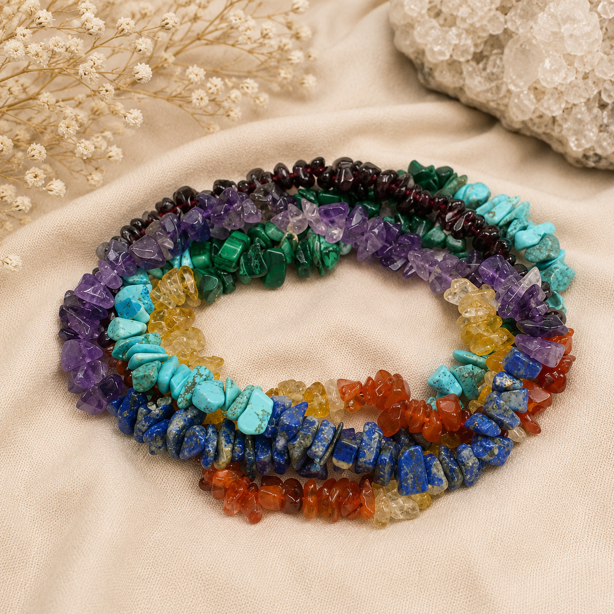 7 Chakra Crystal Chips Mala – Natural Healing Necklace for Balance, Meditation & Spiritual Wellness
