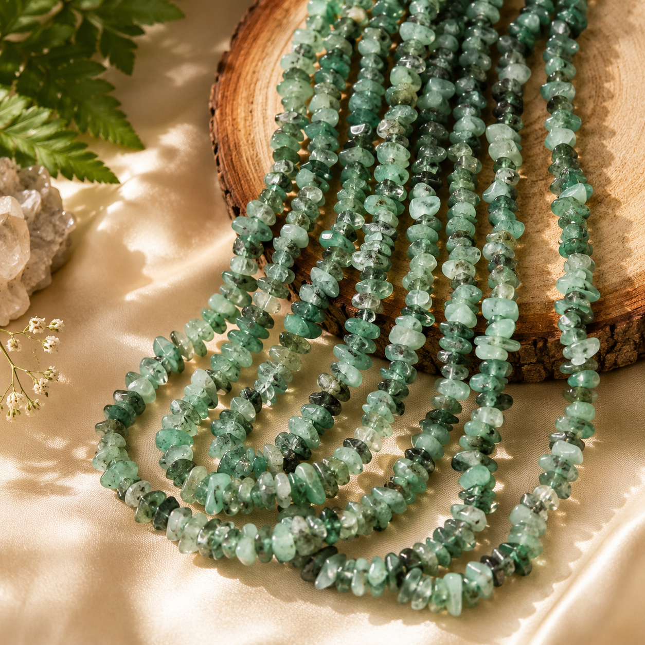 `Natural Emerald Chips Mala Necklace – 36 Inches | Genuine Emerald Crystal Chip Mala | Handmade Healing & Meditation Necklace | Emotional Balance & Confidence