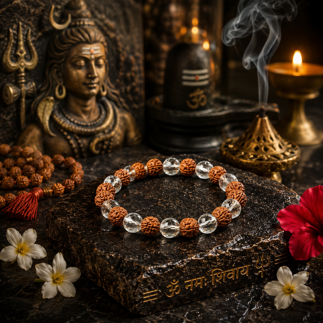 Natural Rudraksha & Clear Quartz Bracelet 8 MM – Spiritual Protection, Peace & Positive Energy