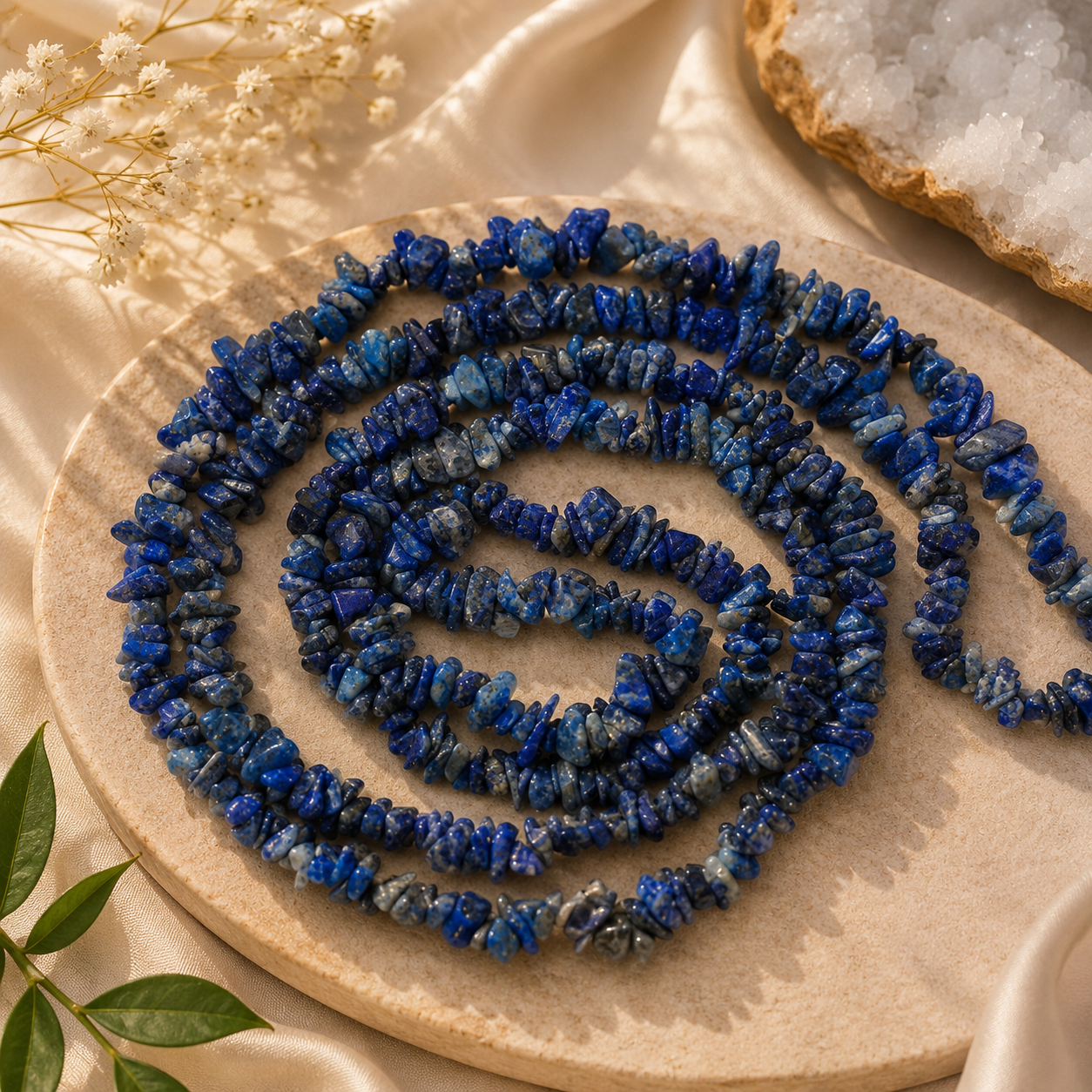 Natural Lapis Lazuli Chip Mala Necklace | 108 Healing Crystal Prayer Beads for Meditation, Japa & Spiritual Wisdom