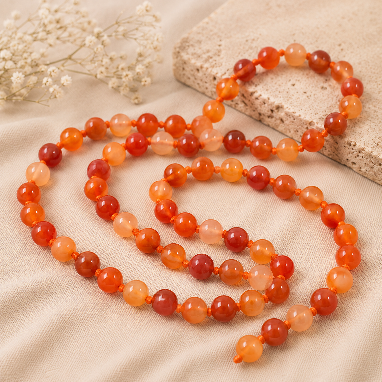 Carnelian Bead Knotted Mala for Confidence, Vitality, and Motivation