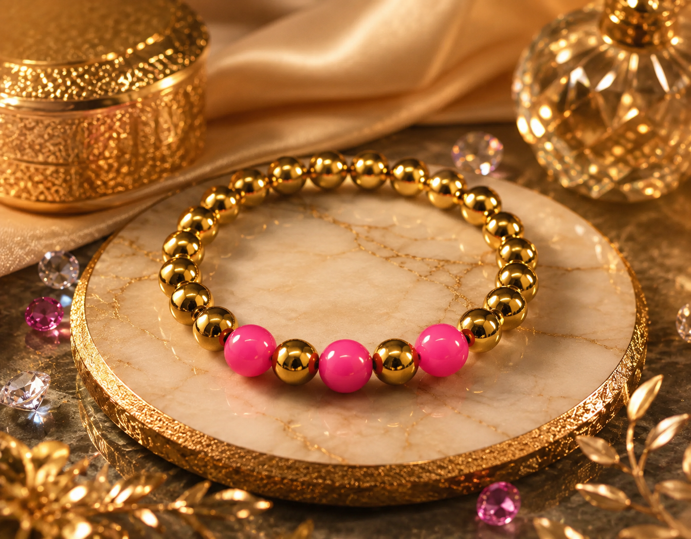 Gold Hematite & Pink Agate Bracelet | Premium Gemstone Beaded Jewelry