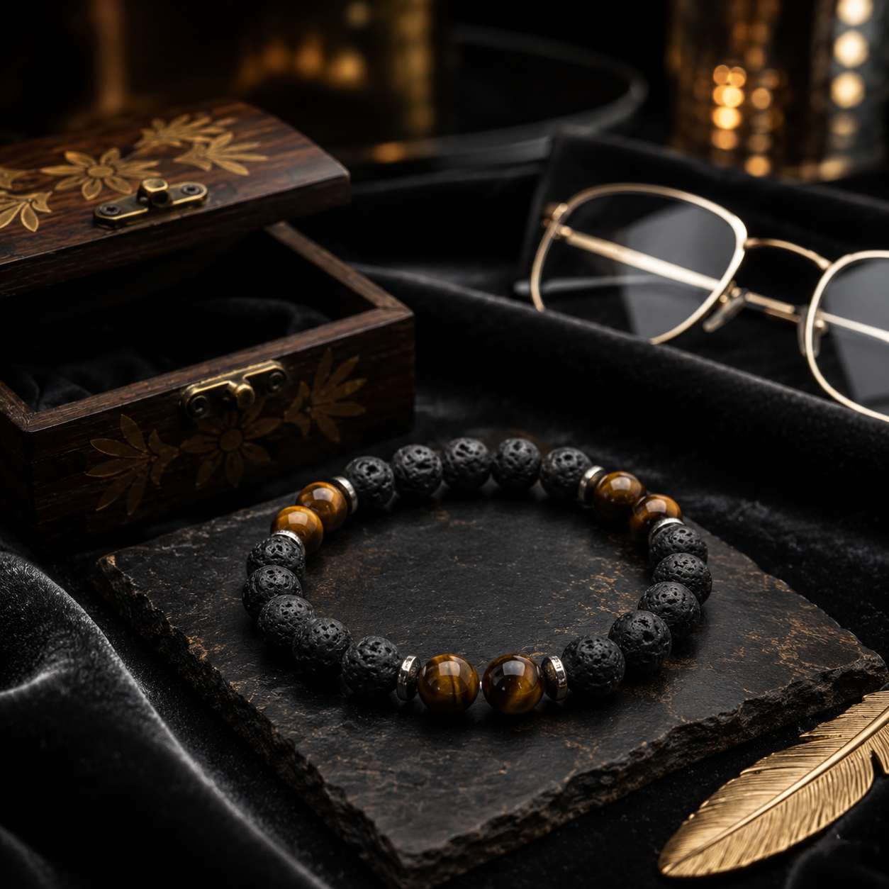 Natural Tiger Eye & Lava Stone Bracelet 8 MM – Protection, Strength & Aromatherapy Crystal Bracelet