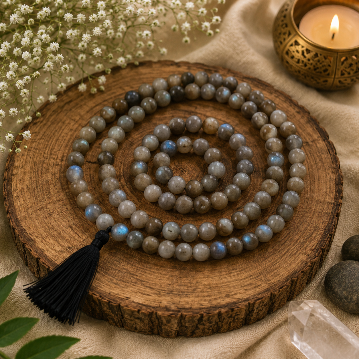 Handcrafted 108 Bead Cat's Eye Gemstone Mala Necklace with Black Tassel – Meditation, Yoga & Prayer Beads
