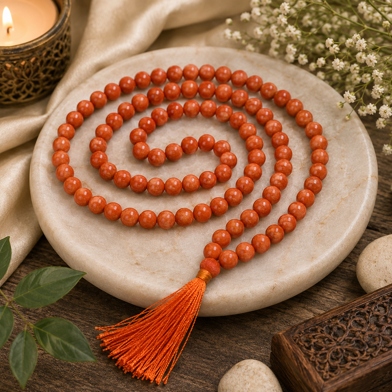 Natural Coral (Moonga) Jaap Mala – 108 Beads | 6mm | Handcrafted Prayer & Meditation Necklace