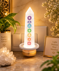 Selenite 7 Chakra Lamp | Natural Selenite Tower with 7 Chakra Symbols for Meditation & Energy Decor