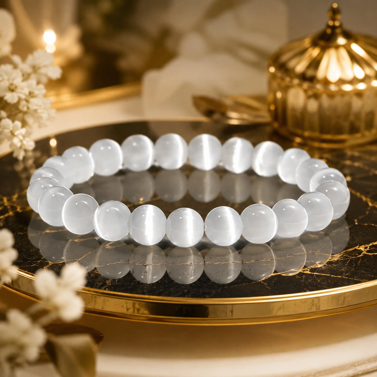 Natural Selenite Beaded Bracelet 8MM – Healing, Peace & Energy Balance