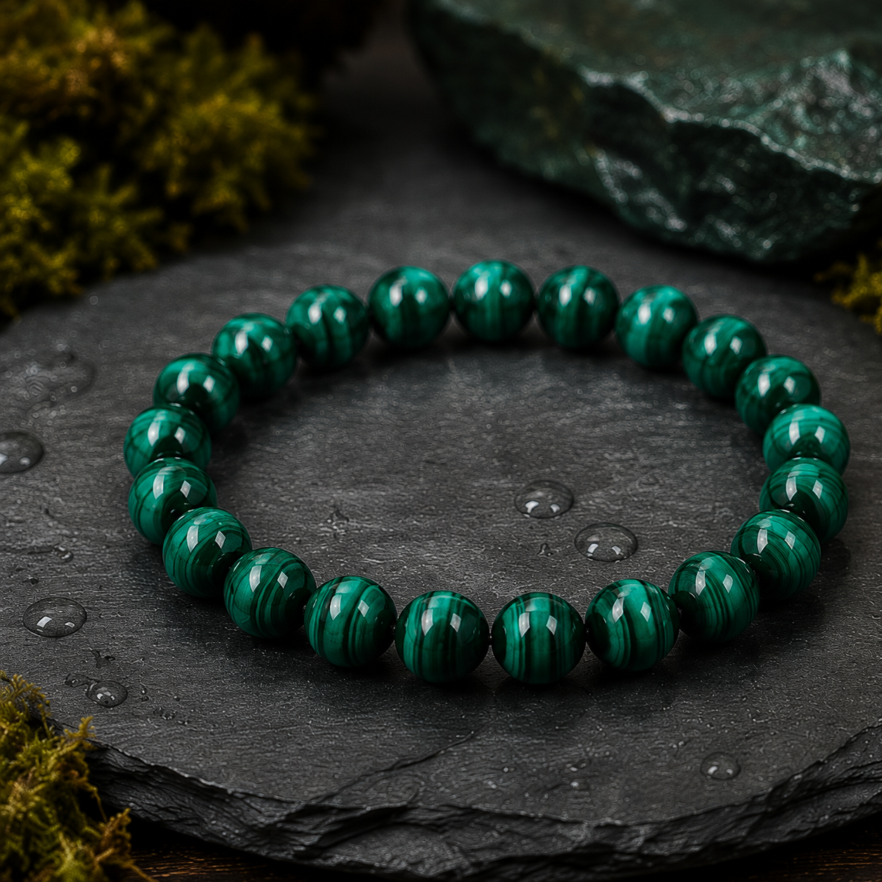 Natural Malachite Crystal Round Beaded Bracelet | Handmade Green Gemstone Stretch Bracelet for Prosperity, Protection & Positive Energy