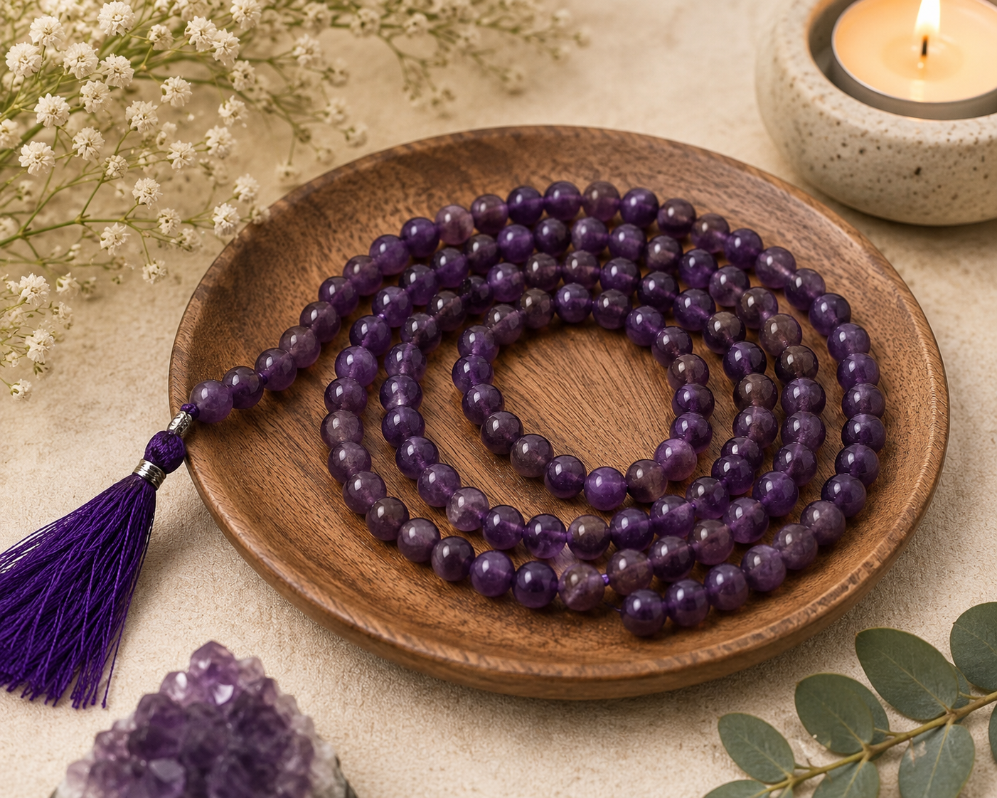 Natural Amethyst Mala Necklace | 8mm Round Amethyst Beads | 108 Bead Crystal Meditation Mala | Handmade Healing & Spiritual Jewelry