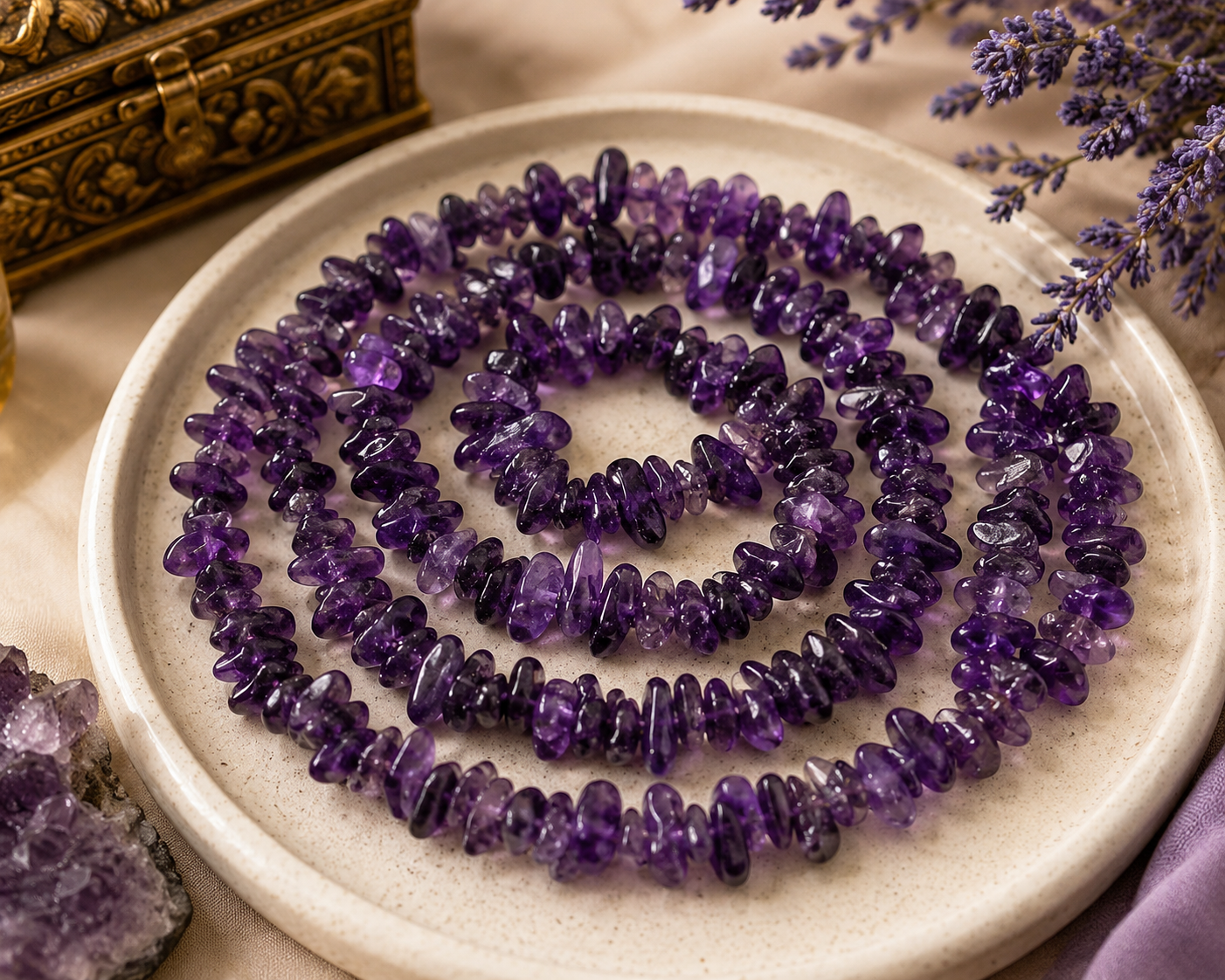 Natural Amethyst Chips Mala (36 Inches) – Crystal Healing, Meditation & Spiritual Protection