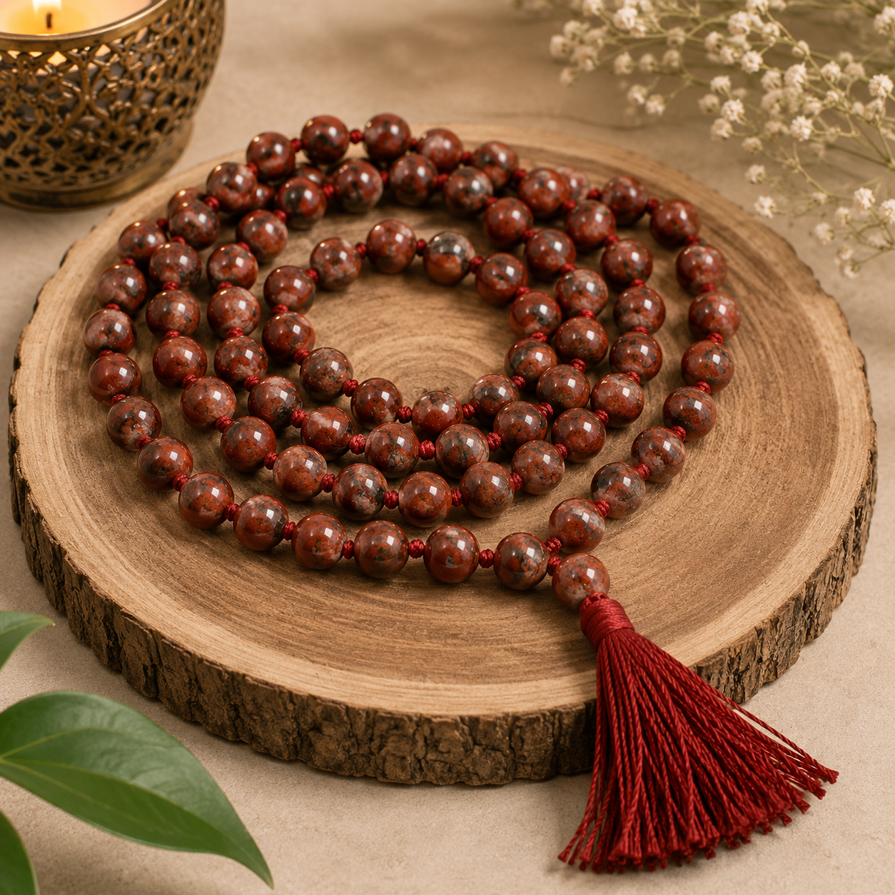 Natural Red Brecciated Jasper Jaap Mala – 108 Beads | Handcrafted Meditation & Prayer Necklace  Description