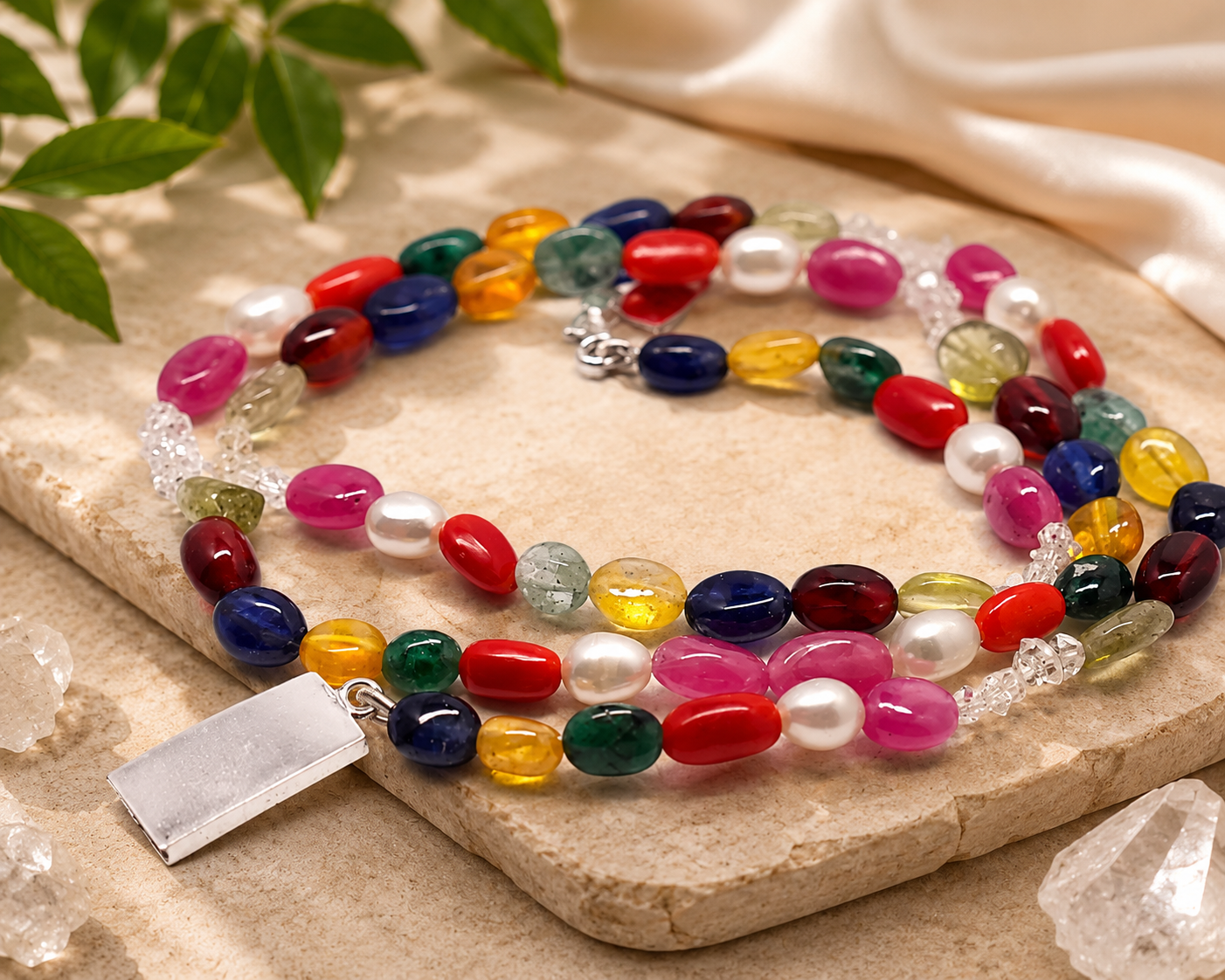 Natural Navratna Gemstone Mala Necklace