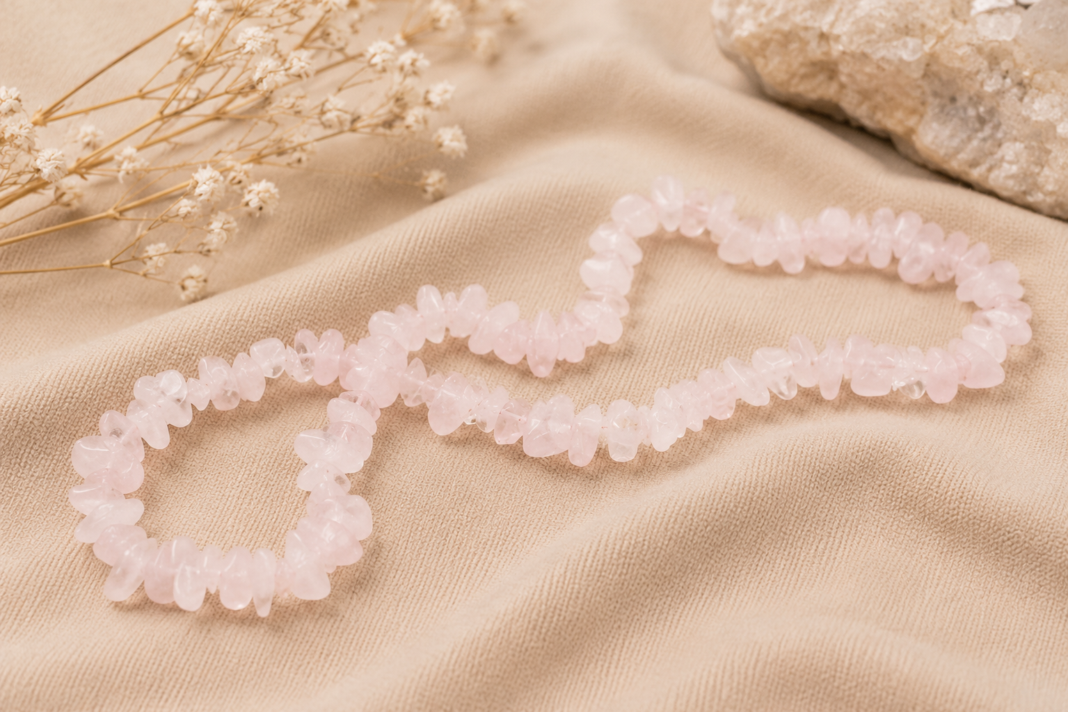 Rose Quartz Uncut Chips Mala – Stone of Love, Compassion & Emotional Healing