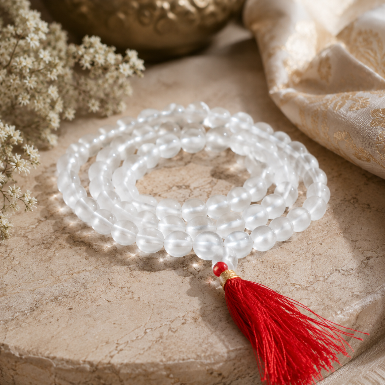 White Selenite Crystal Jaap Mala – Natural Stone Prayer Beads for Meditation, Peace & Spiritual Cleansing