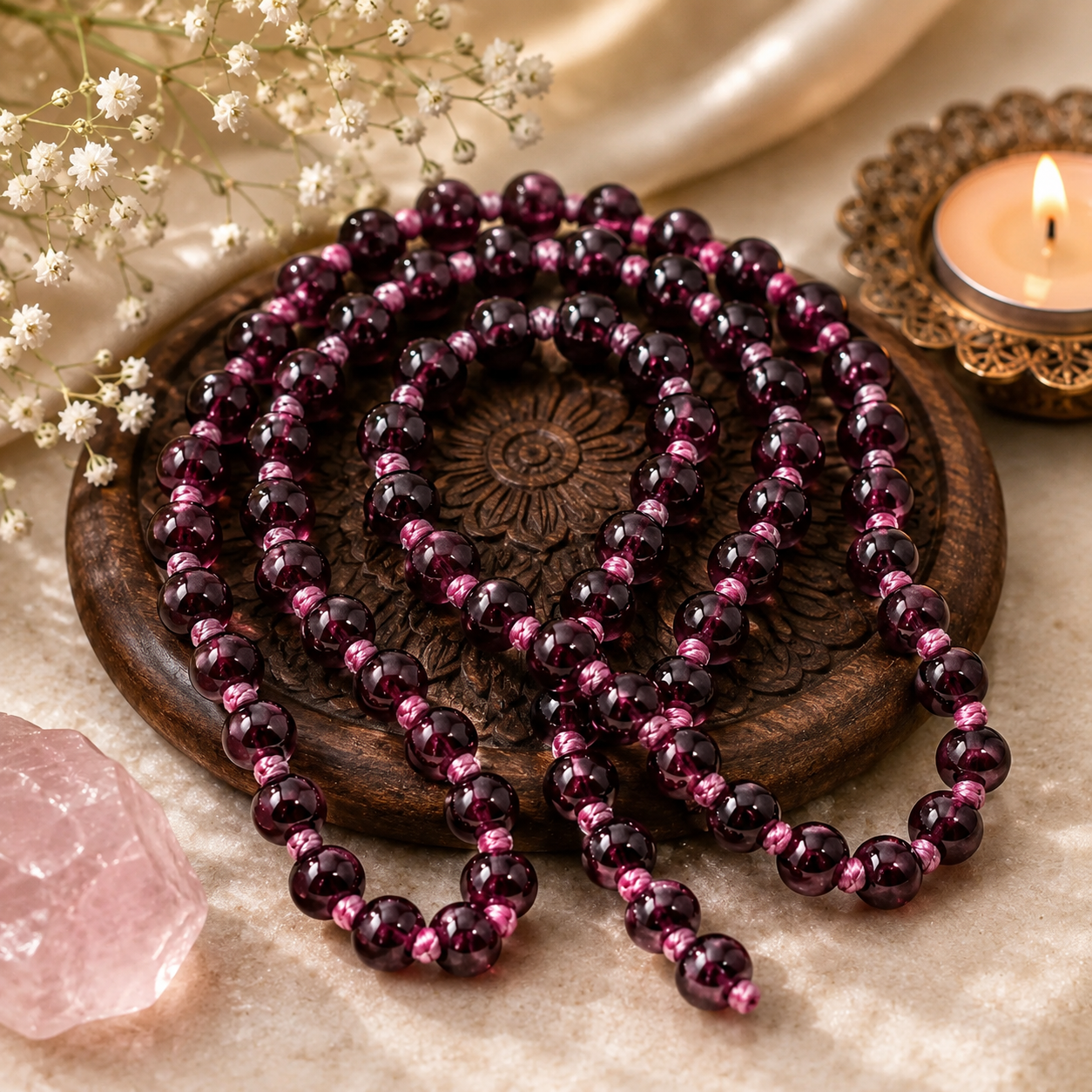 Natural Garnet Mala Necklace | 8mm Round Garnet Beads | Handmade Crystal Meditation Mala | Healing & Spiritual Jewelry