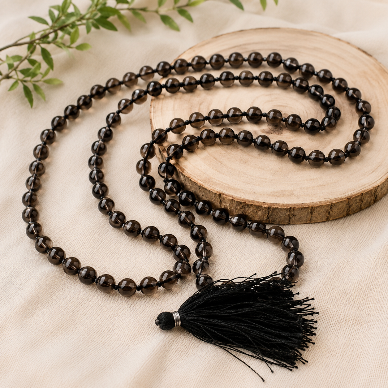 Smoky Quartz 108 Bead Knotted Japa Mala Necklace