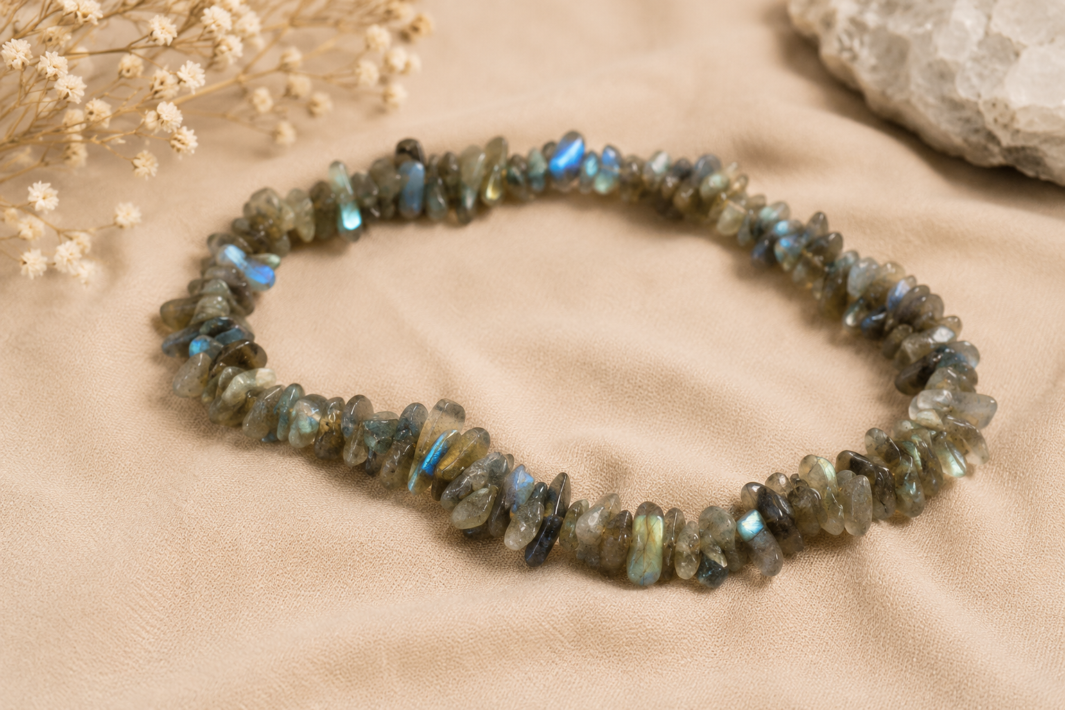 Labradorite Uncut Chips Mala – Protection, Intuition & Spiritual Transformation