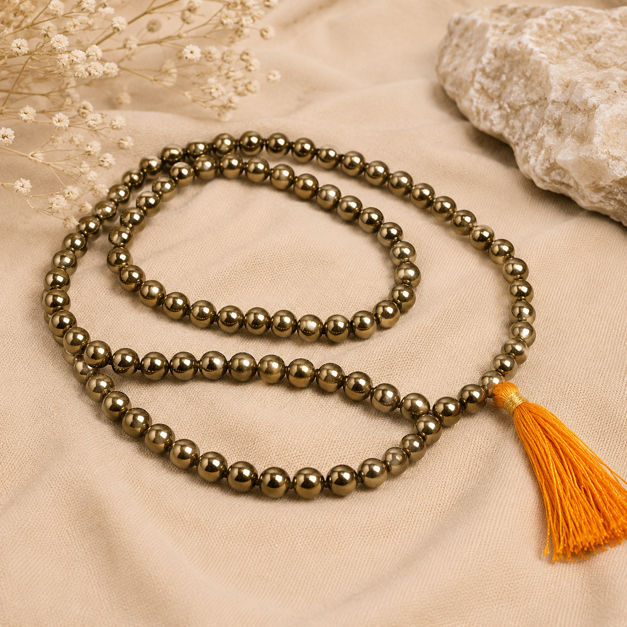 Pyrite Jaap Mala – Natural Pyrite Gemstone Prayer Beads for Protection, Prosperity & Confidence